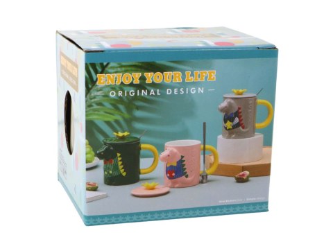 LEAN Toys Kubek Ceramiczny z Pokrywką Szary Dinozaur 400 ml