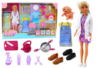 LEAN Toys Lalka Anlily 4w1 Lekarz Fryzjer Kucharka Zwierzęta Ubrania Akcesoria