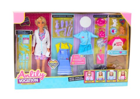 LEAN Toys Lalka Anlily 4w1 Lekarz Fryzjer Kucharka Zwierzęta Ubrania Akcesoria