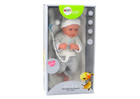 LEAN Toys Lalka Bobas w Biało-Szarym Ubranku W Paski Czapeczka Smoczek Kołderka