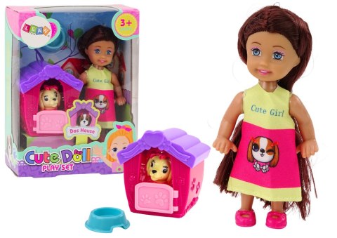 LEAN Toys Mini Laleczka Długie Włosy Sukienka Kolorowa Piesek Buda