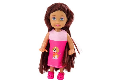 LEAN Toys Mini Laleczka Długie Włosy Sukienka Trzy Pieski Legowisko