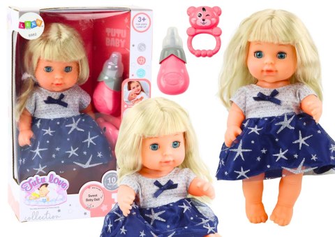 LEAN Toys Lalka W Granatowej Sukience Siusiająca Butelka Grzechotka Dźwięki