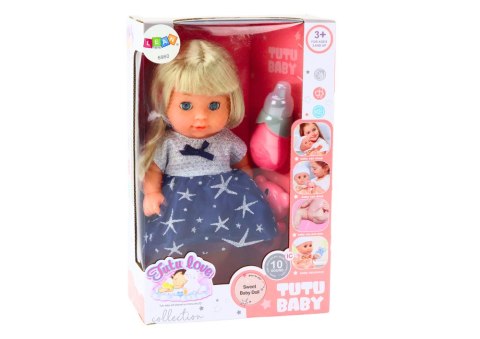 LEAN Toys Lalka W Granatowej Sukience Siusiająca Butelka Grzechotka Dźwięki