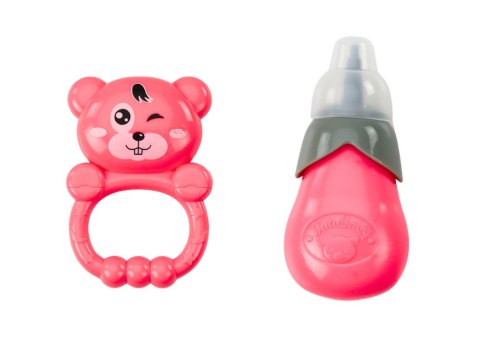 LEAN Toys Lalka W Jasno-Różowej Sukience Siusiająca Butelka Grzechotka Dźwięki