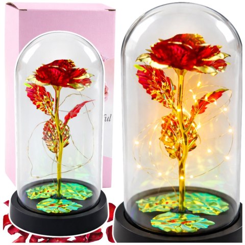 LEAN Wieczna Kryształowa Róża w Kopule z Oświetleniem LED Czerwona 21x11cm