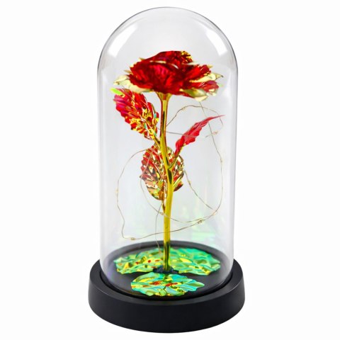 LEAN Wieczna Kryształowa Róża w Kopule z Oświetleniem LED Czerwona 21x11cm