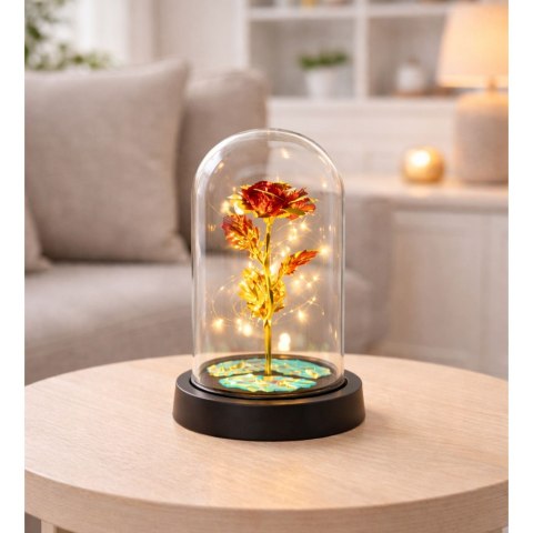 LEAN Wieczna Kryształowa Róża w Kopule z Oświetleniem LED Czerwona 21x11cm