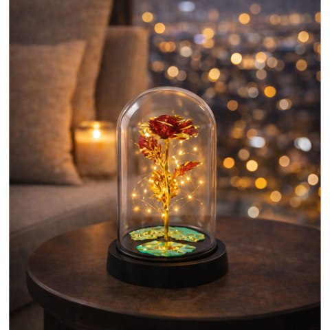 LEAN Wieczna Kryształowa Róża w Kopule z Oświetleniem LED Czerwona 21x11cm