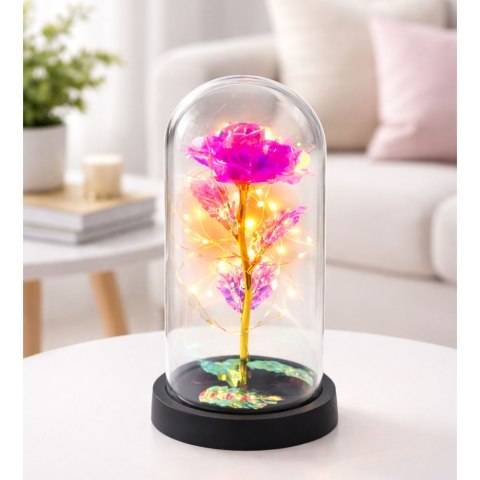 LEAN Wieczna Kryształowa Róża w Kopule z Oświetleniem LED Różowa 21x11cm
