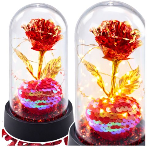 LEAN Wieczna Róża Kryształowa w Kopule z Oświetleniem LED z Serduszkiem 14x8cm