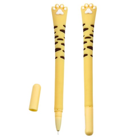 LEAN Długopis Żelowy Kocia Łapka Niebieski Tusz Zatyczka Paski Żółty 16,5cm