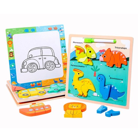 LEAN TOYS Układanka Tablica 2w1 Drewniana Edukacyjna Dinozaury Pisak