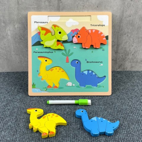 LEAN TOYS Układanka Tablica 2w1 Drewniana Edukacyjna Dinozaury Pisak