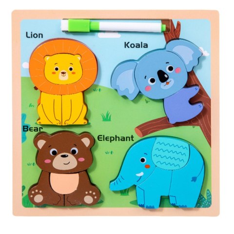 LEAN TOYS Układanka Tablica 2w1 Drewniana Edukacyjna Dzikie Zwierzęta Pisak
