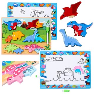 LEAN Toys Układanka Tablica 2w1 Drewniana Edukacyjna Pisak Dinozaury 12el