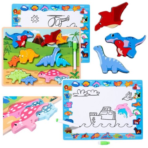 LEAN Toys Układanka Tablica 2w1 Drewniana Edukacyjna Pisak Dinozaury 12el