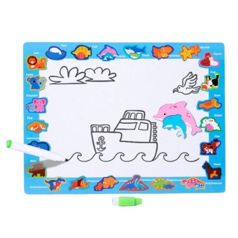 LEAN Toys Układanka Tablica 2w1 Drewniana Edukacyjna Pisak Dinozaury 12el