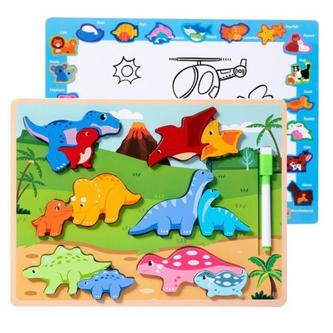 LEAN Toys Układanka Tablica 2w1 Drewniana Edukacyjna Pisak Dinozaury 12el