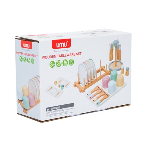 LEAN Drewniany Zestaw Naczyń Dla Dzieci Zastawa Stołowa Stojak 33El