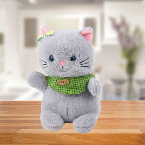 LEAN Toys Pluszowa Maskotka Przytulanka Kot Szary Zielona Apaszka Kokardka 22cm