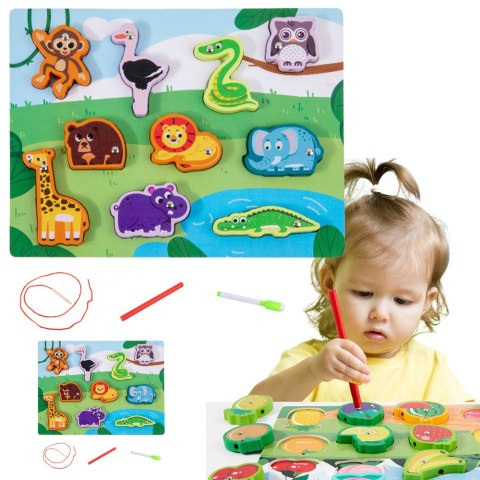 LEAN Toys Układanka Drewniana Magnesy Sznurek Do Przeplatania Zwierzątka