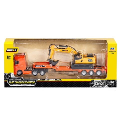 HUINA Ciężarówka z Naczepą Laweta Koparka Metalowa Huina Pomarańczowa 1:50