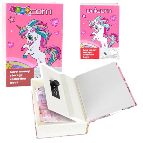LEAN Toys Książka Ukryta Skarbonka Sejf Na Kod Szyfr Jednorożec Różowa