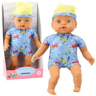 LEAN Toys Lalka Bobas Niebieskie Ubranko z Wzorami Czapeczka z Uszami 31cm