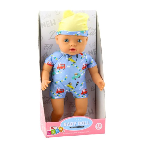 LEAN Toys Lalka Bobas Niebieskie Ubranko z Wzorami Czapeczka z Uszami 31cm
