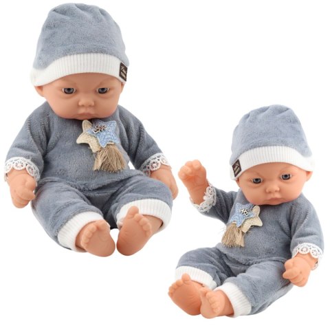 LEAN Toys Lalka Bobas W Szarej Piżamce z Gwiazdkami Czapeczka