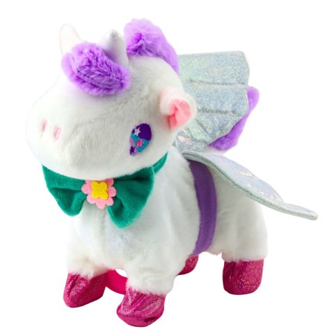 LEAN Toys Interaktywny Jednorożec Na Smyczy Chodzi Dźwięki Galopu Odpinane Skrzydła