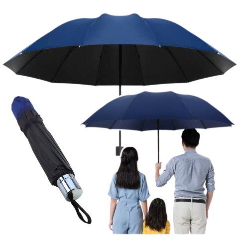 LEAN Duży Parasol Składany 12-Żebrowy Pokrowiec Granatowy 110 cm