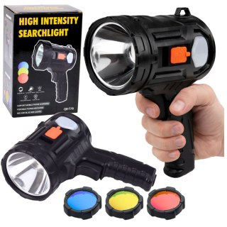 LEAN Latarka LED Szperacz Solarna 6 Trybów Powerbank Wymienne Filtry 19 cm