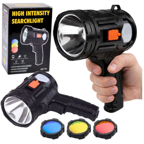 LEAN Latarka LED Szperacz Solarna 6 Trybów Powerbank Wymienne Filtry 19 cm