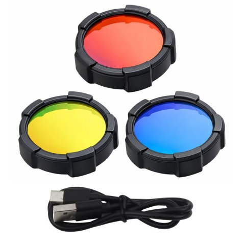 LEAN Latarka LED Szperacz Solarna 6 Trybów Powerbank Wymienne Filtry 19 cm