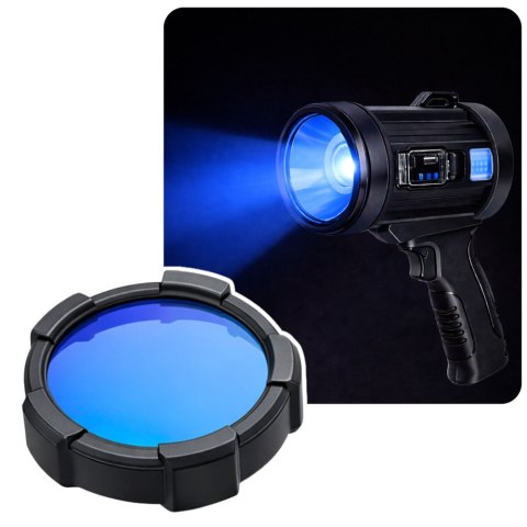 LEAN Latarka LED Szperacz Solarna 6 Trybów Powerbank Wymienne Filtry 23 cm