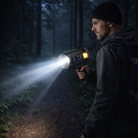 LEAN Latarka LED Szperacz Solarna 6 Trybów Powerbank Wymienne Filtry 23 cm