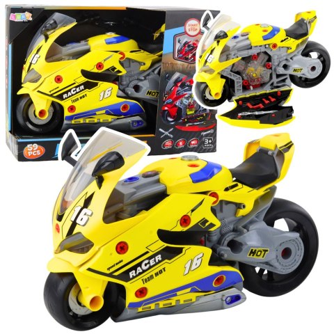 LEAN Toys Motocykl Do Rozkręcania 2w1 DIY Warsztat Światła Dźwięki Dym Żółty 43cm
