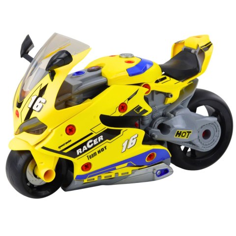 LEAN Toys Motocykl Do Rozkręcania 2w1 DIY Warsztat Światła Dźwięki Dym Żółty 43cm