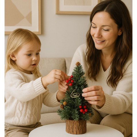 LEAN Choinka Ozdobna Dekoracyjna Na Pniu Czerwona Jarzębina Szyszki 38 x 15 cm