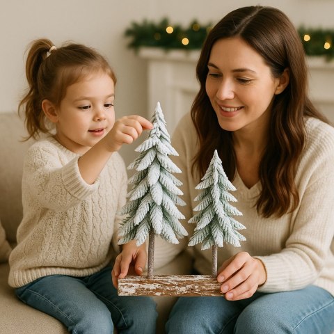 LEAN Dekoracja Kompozycja Świąteczna Choinki Na Pniu Pokryte Śniegiem 34 x 28 cm