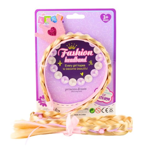 LEAN Toys Opaska Z Długim Warkoczem Różowa Wstążka Diamenty Korona 50 cm