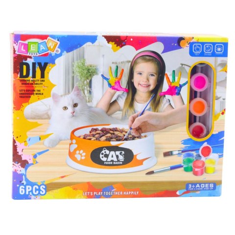 LEAN Toys Zestaw Kreatywny Miska Dla Kota Do Malowania Farbki Pędzelki DIY 6 el.