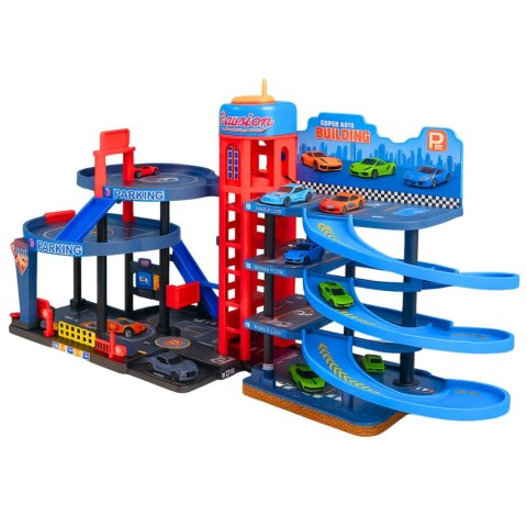 LEAN Toys Parking Z Autkami Tor 4 Poziomowy 8 Metalowych Pojazdów Naklejki