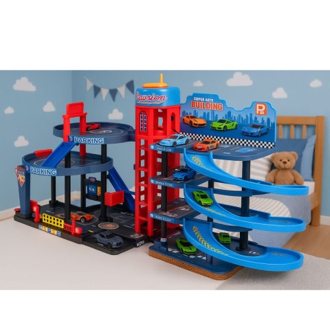 LEAN Toys Parking Z Autkami Tor 4 Poziomowy 8 Metalowych Pojazdów Naklejki