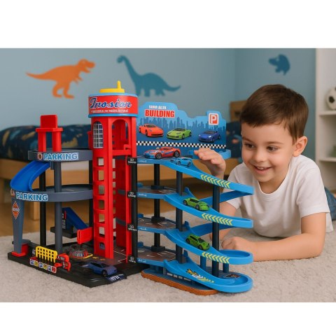 LEAN Toys Parking Z Autkami Tor 4 Poziomowy 8 Metalowych Pojazdów Naklejki