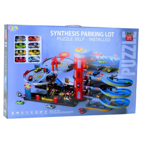LEAN Toys Parking Z Autkami Tor 4 Poziomowy 8 Metalowych Pojazdów Naklejki