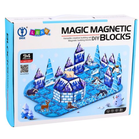 LEAN Toys Klocki Magnetyczne Lodowa Kraina Figurki Zwierząt Niebieskie 94 el.