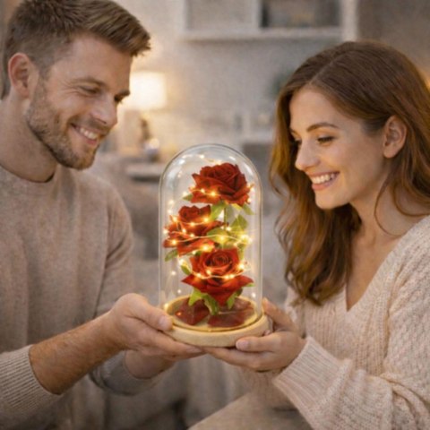 LEAN Wieczne Róże W Szklanej Kopule Oświetlenie LED Czerwone 21,5 x 11 cm